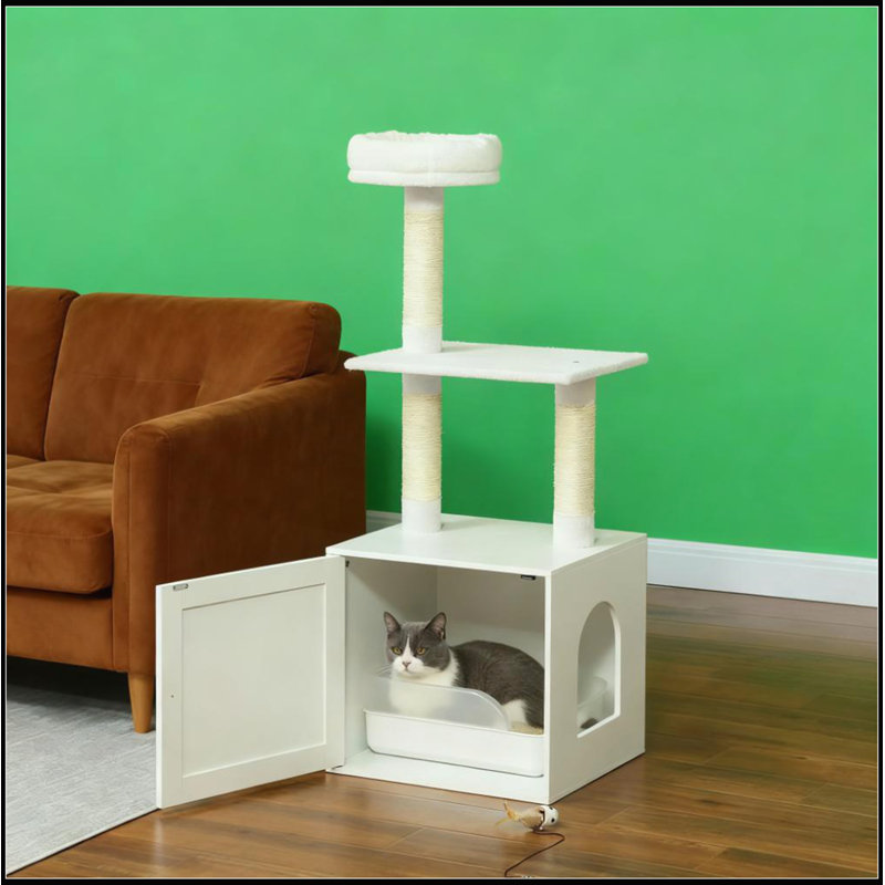 Arbre à chat blanc avec bac à litière, peu encombrant et design multifonctionnel pour les maisons modernes