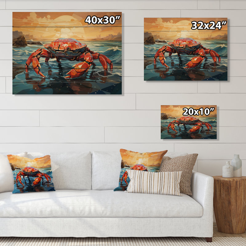 Crab Coastal Guardian, impression géométrique sur bois, H 30 po x l 40 po x P 0,78 po