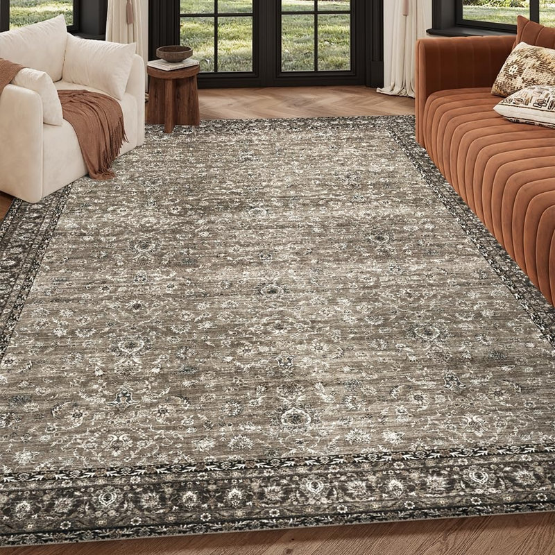 Tapis vintage gris-brun lavable, antidérapant, à poils courts, pour salon ou chambre.