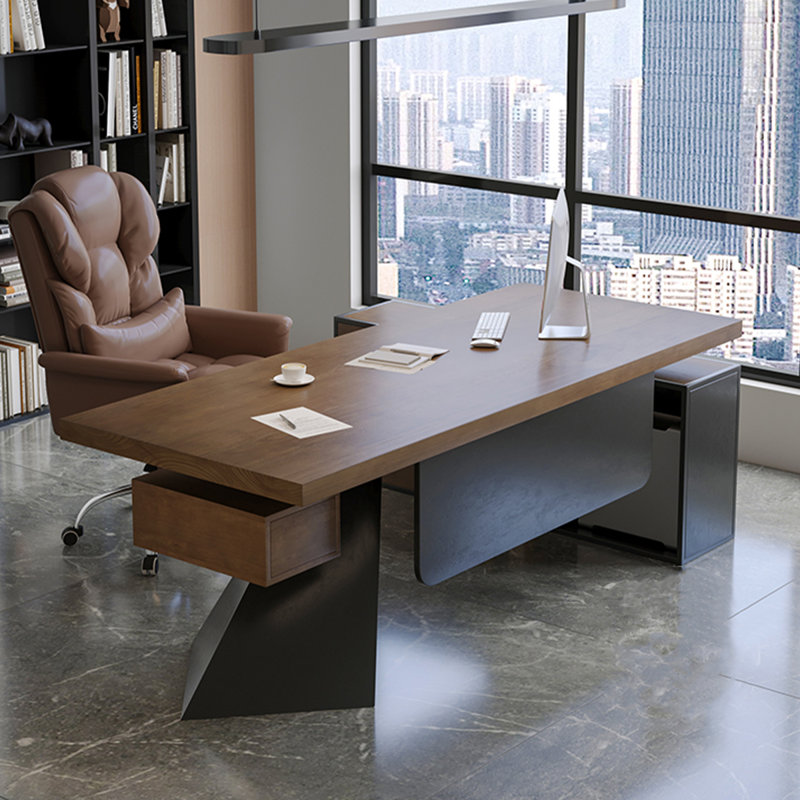 Tan+Black Rectangular Solid Wood+Iron desks, 29.53" H x 94.49" W x 31.5" D, Left Hand Return