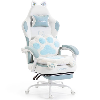 Cute Cat Ear Gaming Chair with Paw Print Lumbar Support and Cushion, Ergonomic Computer Desk Chair with Footrest, Reclining PC Game Chair, 300lbs