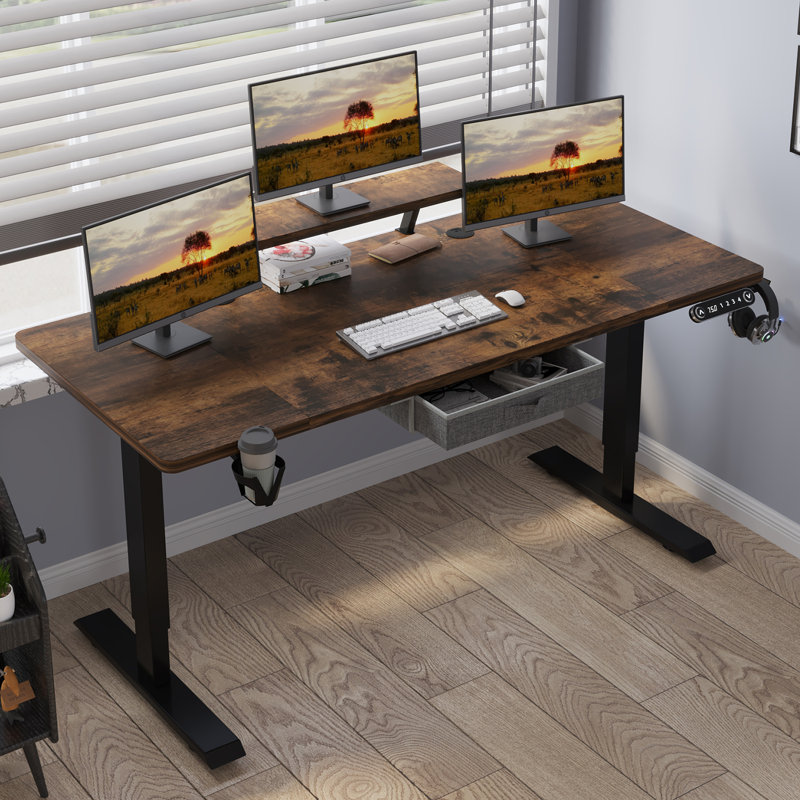 Lasherrie Height Adjustable Standing Desk With A Layer, Brown, 49" H x 63" W x 30" D