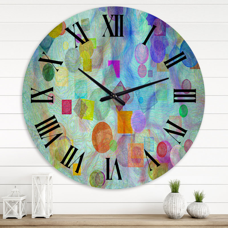 Horloge murale moderne avec impression géométrique bleu-vert et violet sur fond turquoise, Médium