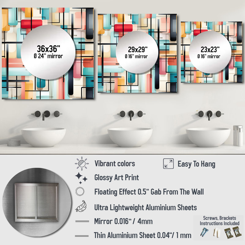 Geometric Green And Pink Gridlock - Modern Square Living Room Wall Mirror Art, 29" x 29"