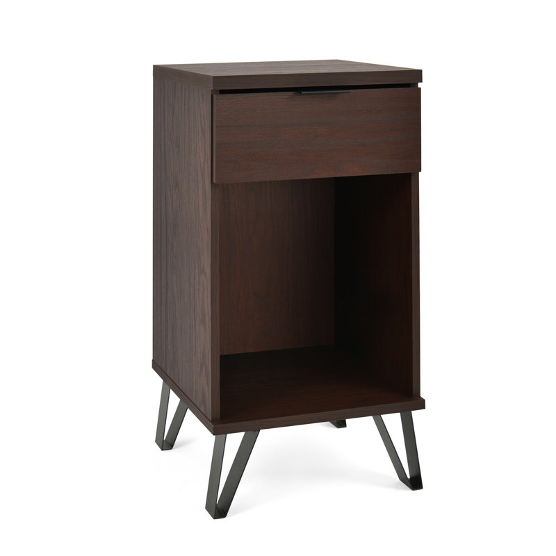  Grande table de chevet de conception moderne avec 1 tiroir et tablette ouverte, rangement élégant pour la chambre à coucher, finition noyer