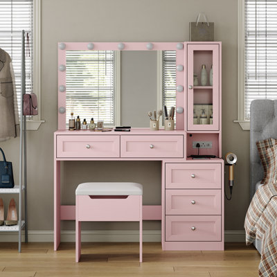 43" W Vanity Desk with Mirror & 11 Lights,Modern Makeup Desk with 5 Drawers & Cushioned Stool,3 Lighting Modes Brightness Adjustable,Power Outlet,Dressing Room Table