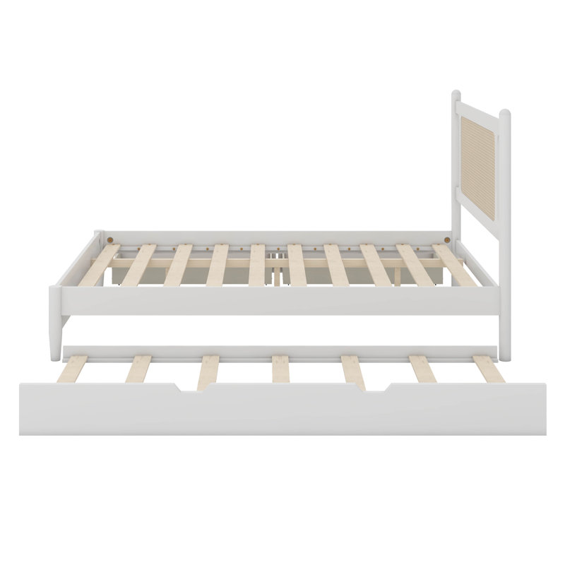 Grand lit plateforme en bois avec 2 grands tiroirs et un lit gigogne, Blanc