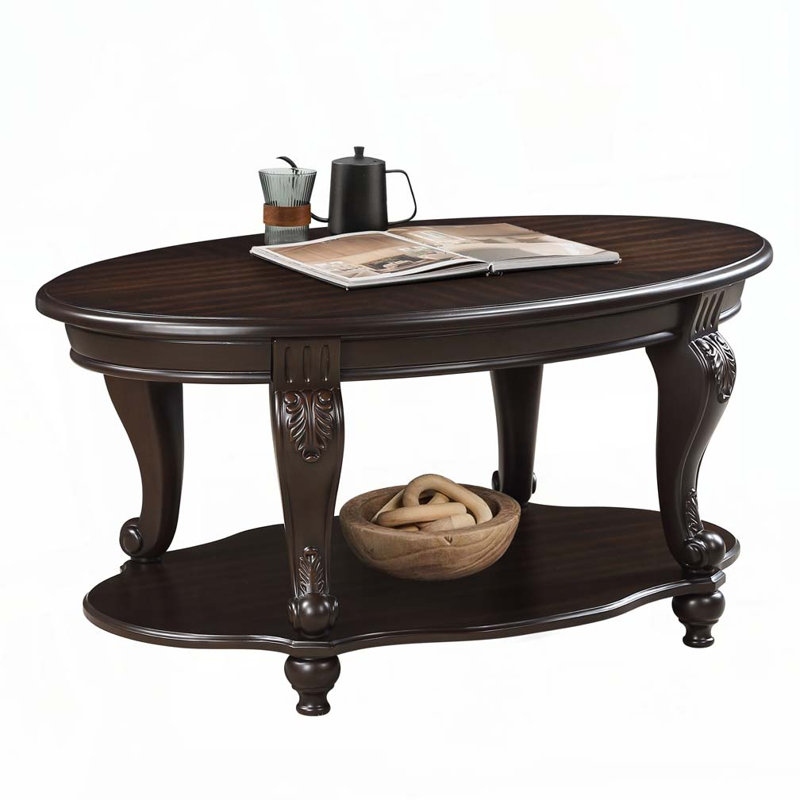 Oval wood coffee table for Living Room, 2-Tier Solid Wood Cocktail Table with Open Storage Shelf, Espresso, Espresso
