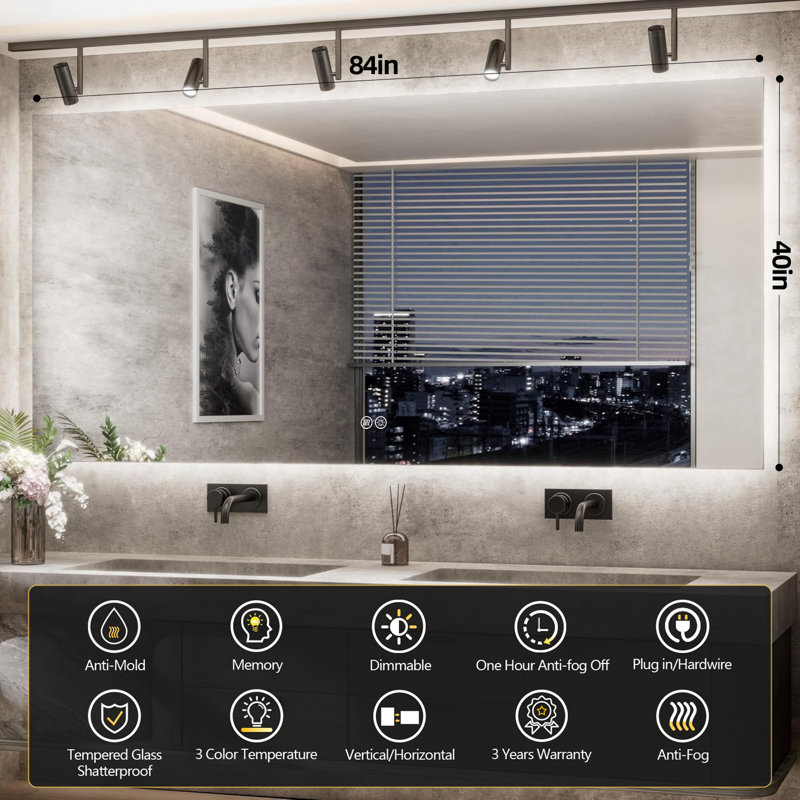Anti-Fog & Dimmer Memory Function Tempered Glass LED Backlit Mirror with ETL, 84" x 40"
