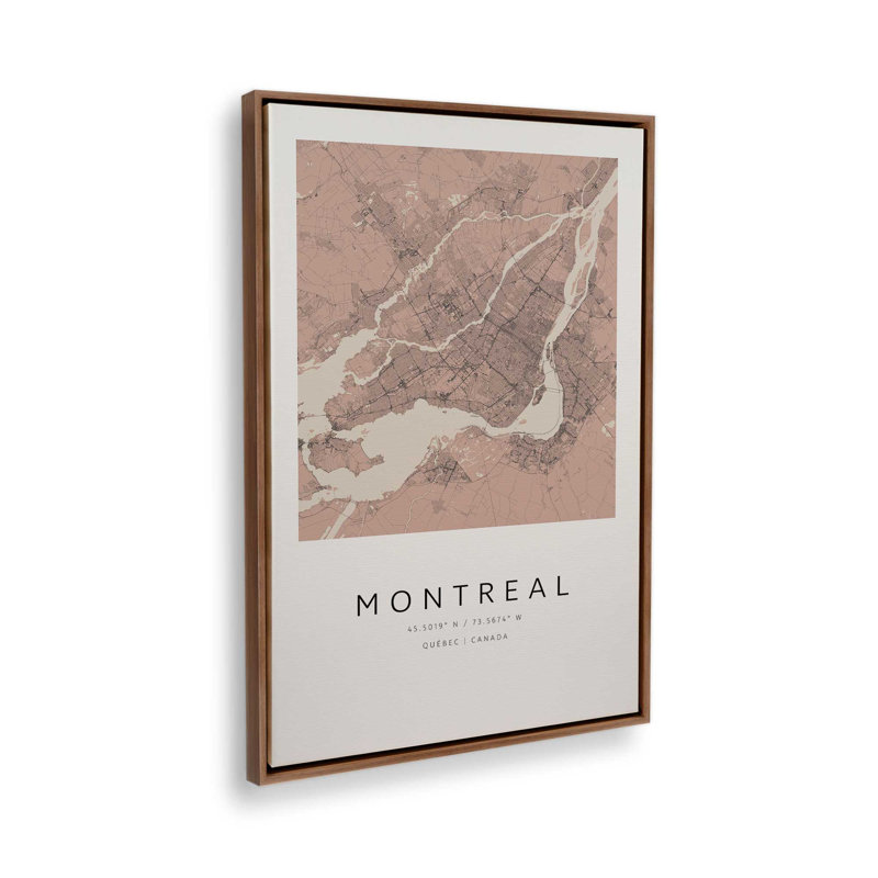 «Montreal Street Map», reproduction d'art sur toile, 8 po x 12 po, Cadre flottant en noyer