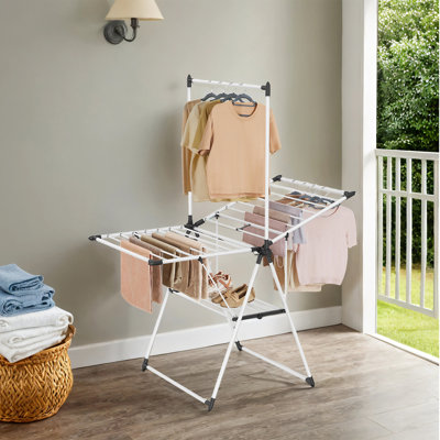 Clothes Drying Rack, Foldable 2-Level Laundry Drying Rack, Free-Standing Airer, Tall Hanging Bar, 2 Height-Adjustable Wings, 24 Drying Rails