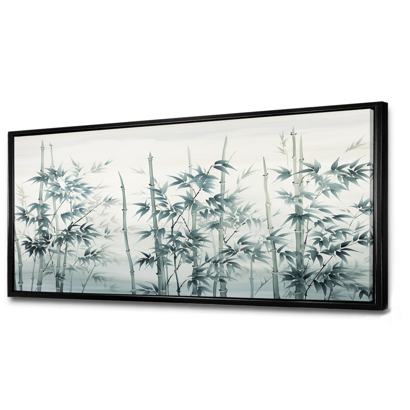 Gris et vert bambou tranquillité I - art mural Chine, Cadre flottant noir, H 28 po x l 60 po x P 1,5 po