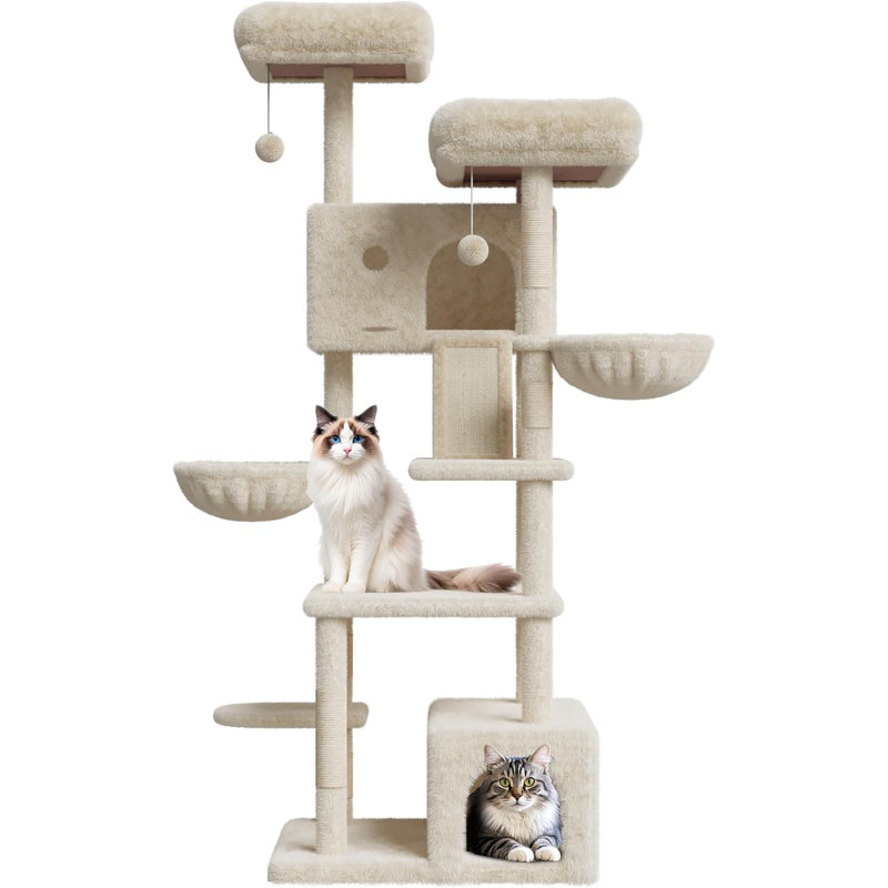 Grand arbre à chat 66 po multi-niveaux, tour à chat robuste, Beige