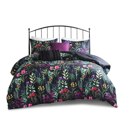Full/queen Comforter 5 Piece, Black, Botanical Print Adornment, Filling, 2 Shams, Decorative Pillows, , Machine Washable Piece For Full/queen, Black With Captivating Design, Matching ,