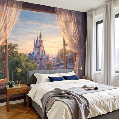 Peel and Stick Wallpaper 96" L x 69" W Modern Self Adhesive Wall Mural for Bedroom Fairy Tale Castle Carousel Viewed Rustic Window Soft Sunset Lighting