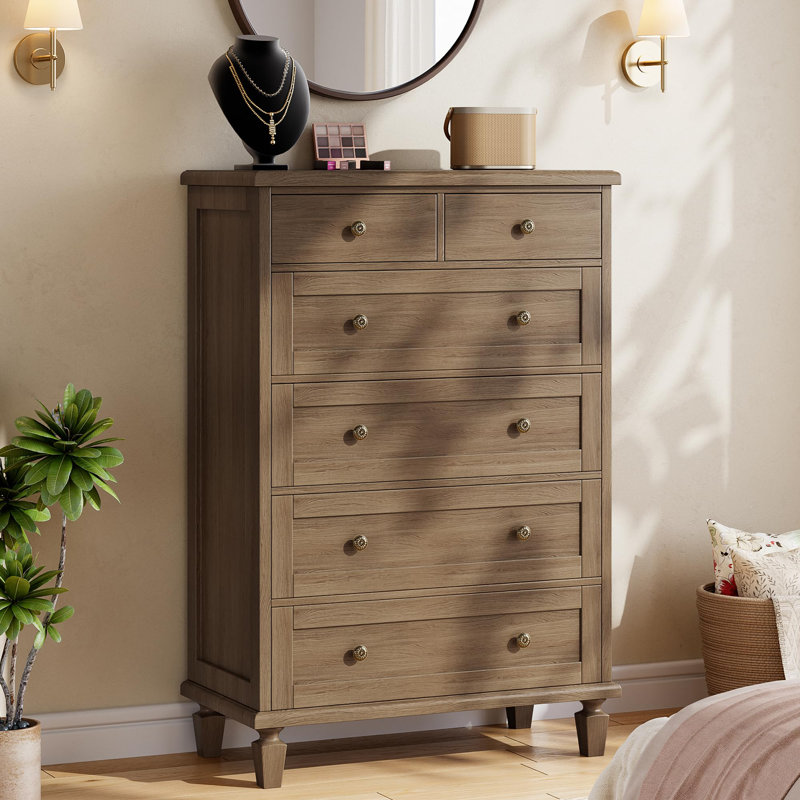 Commode haute 47 po pour chambre à coucher, commode 6 tiroirs rétro avec poignées sculptées et pieds fuselés, commodes en bois avec rangement de grande capacité