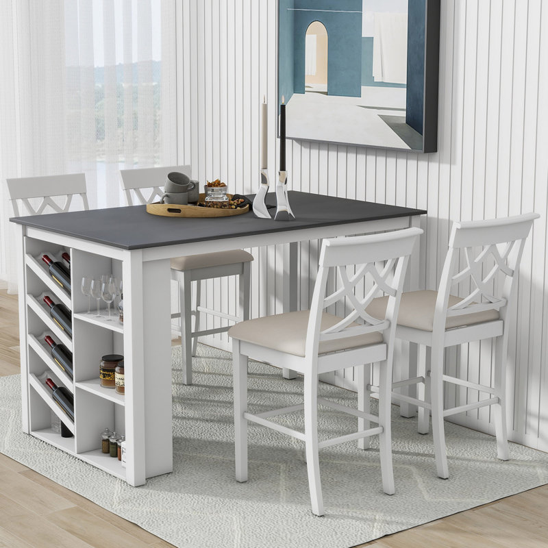 Ensemble de table de salle à manger en bois massif 5 pièces, table de 59 x 35,4 pouces avec support à vin incurvé et 4 chaises rembourrées