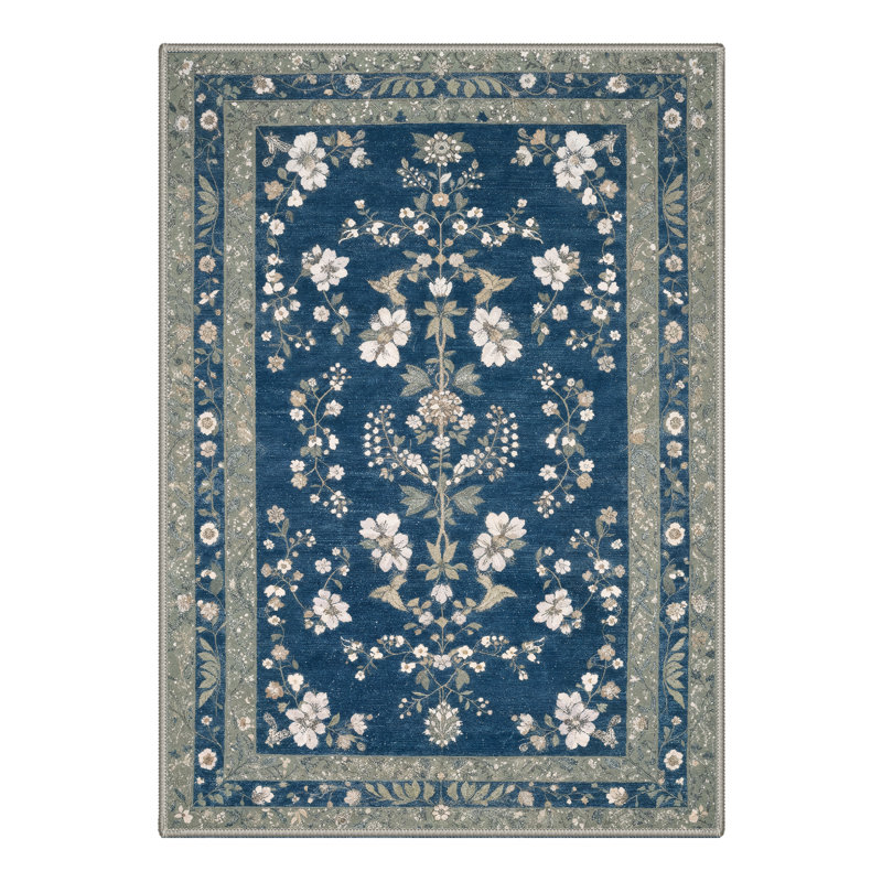 Tapis oriental bleu / vert lavable à la machine avec envers antidérapant, Rectangle 9 pi x 12 pi