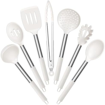 Silicone Cooking Utensils Set, 7-Piece White Kitchen Utensils Set | Heat Resistant Nonstick Cookware with Stainless Steel Handle, Slotted Turner, Spoon, Soup Ladle, Pasta Server, Skimmer, Tongs