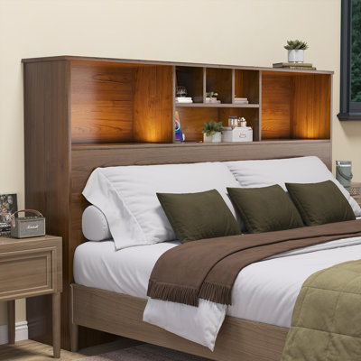 Modern Wood Bookcase Headboard with LED Lighting & Charging Station — Space-Saving Design for Queen & King Beds