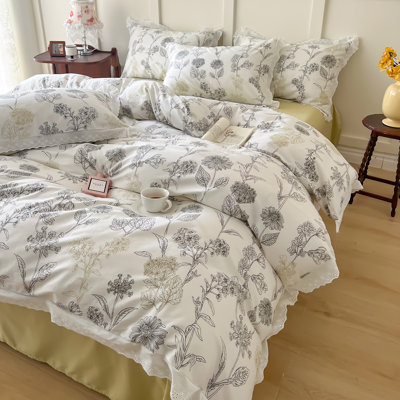 3-Piece Floral Ruffle Cotton Duvet Cover Set
