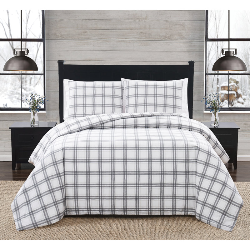 London Fog Classic Cozy Solid Flannel Sheets, Twin Sheet Set + Fitted Sheet + 1 Pillowcase, Plaid, White/Gray