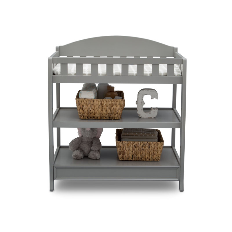 Gray Wooden Changing Table with Safety Strap and Shelves