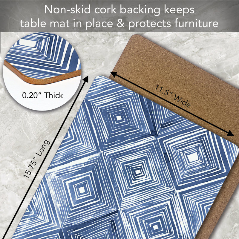 Blue and White Geometric Hardboard Placemats with Cork Backing, Set of 4