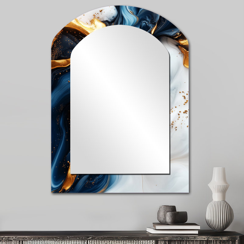 Abstract Marble In Blue And Gold - Marble Arch Decorative Mirror, Modern Asymmetrical Wall Mirror, Printed Metal Art