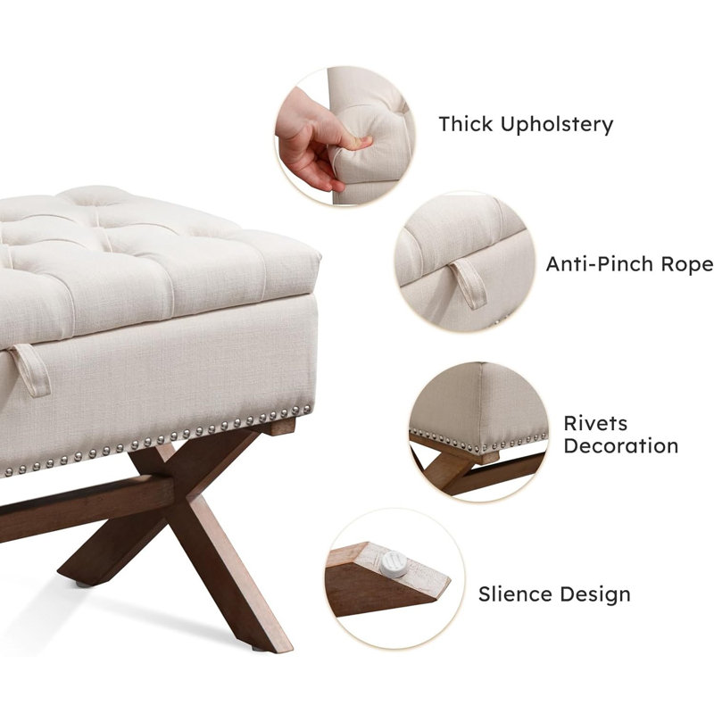 Beige Tufted Linen Storage Bench with X-Shaped Legs