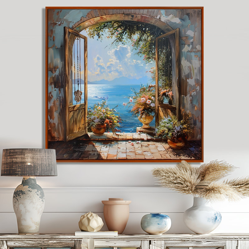 French Window View On Mediterranean Blue Horizon - Coastal Windows Wall Art, 30" H x 30" W, Brown Floater Framed
