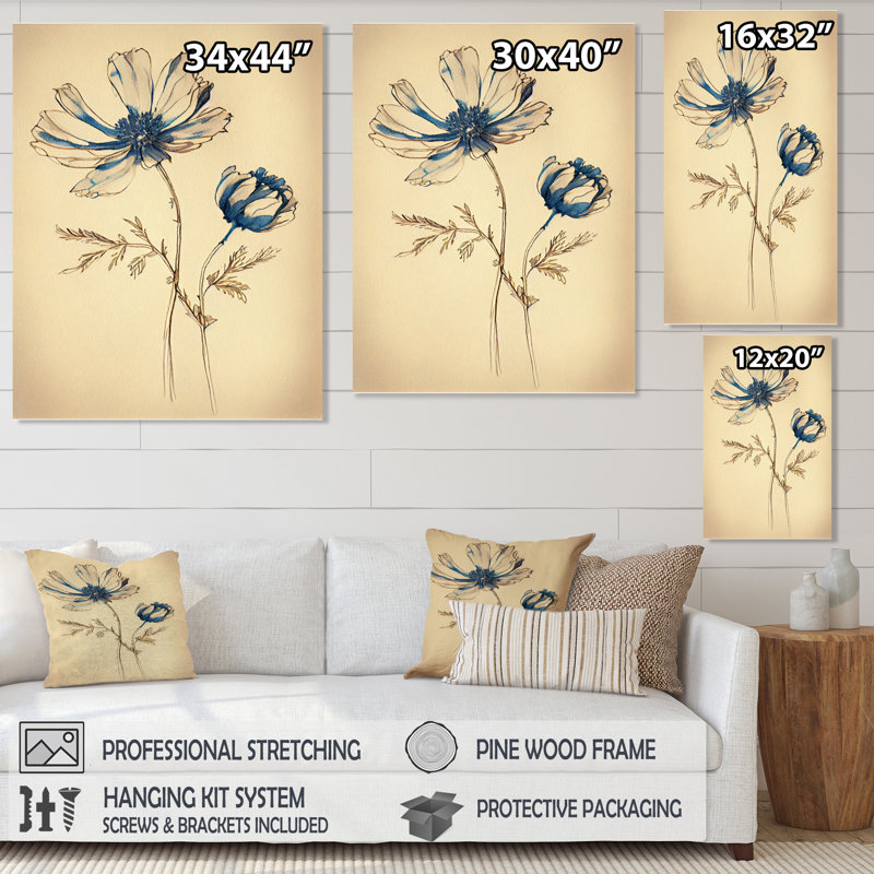 «Blue Vintage Flower Blooming VII», art mural sur toile florale, H 44 po x l 34 po x P 1,5 po, Toile tendue