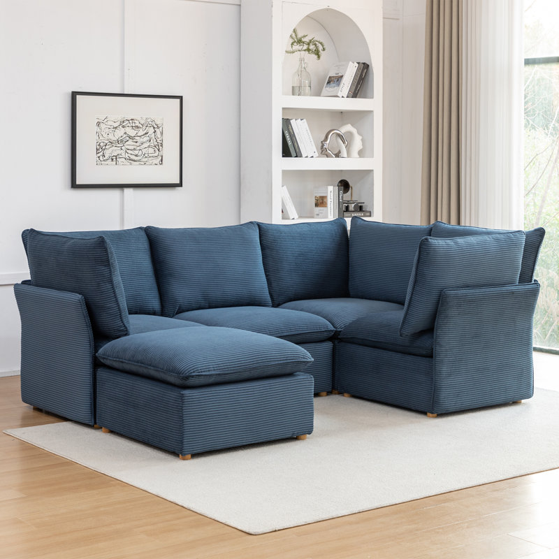 Hepworth Dejohn Corduroy Sectional Sofa With Solid Wood Legs, Blue Corduroy, 36" H x 95.5" W x 62.5" D