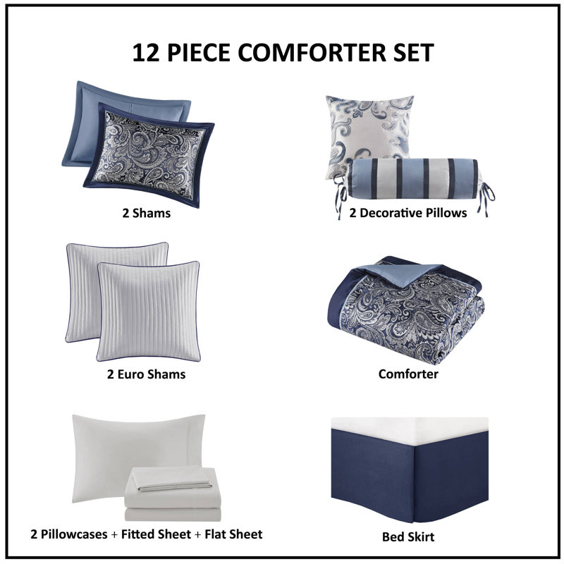 Aubrey Navy Paisley 12-Piece Queen Comforter Set with 100% Cotton Bed Sheets, Queen Comforter + 11 Additional Pieces, Navy