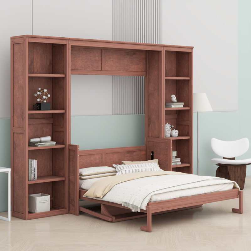Lit escamotable compact avec bureau et tablettes de rangement, Marron foncé