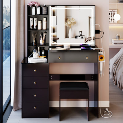 Ensemble de coiffeuse 37 po avec commode de taille moyenne et tabouret coussiné 37 po