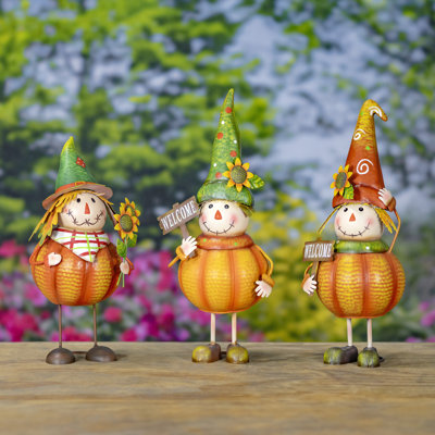 Set of 3 Assorted Pumpkin Scarecrow Figurines - Tatters Stitches & Patches