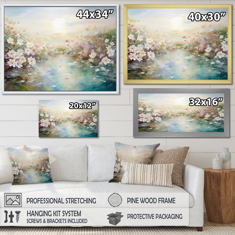«Simplity Wreath Green Flower Field I» sur toile, Cadre simple noir, H 16 po x l 32 po x P 1 po