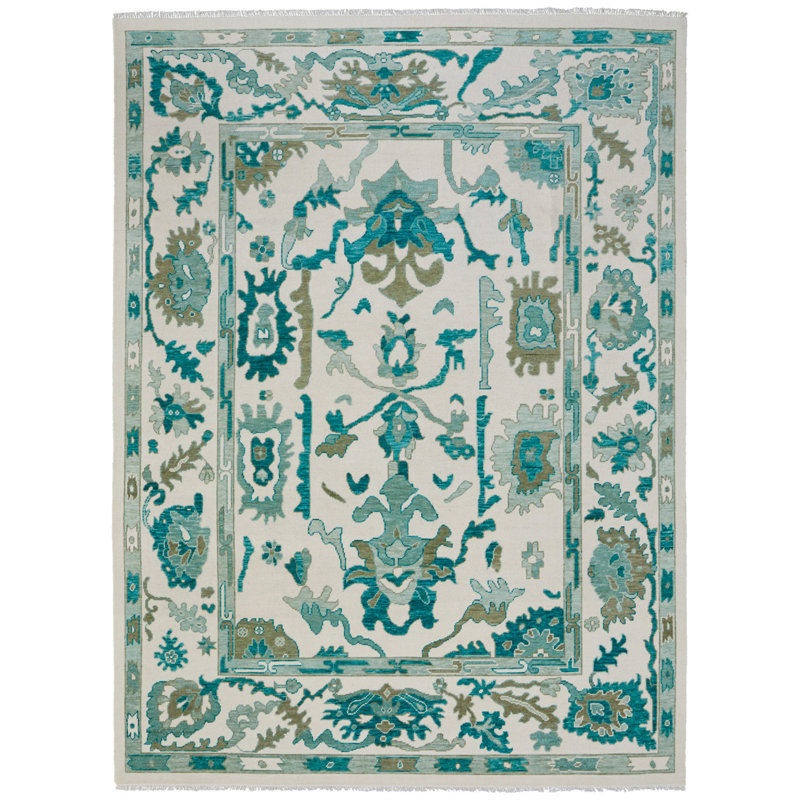 Karina Hand Knotted Wool Oriental Area Rug in Ivory/Green/Gray/Blue, Rectangle 2' x 3'