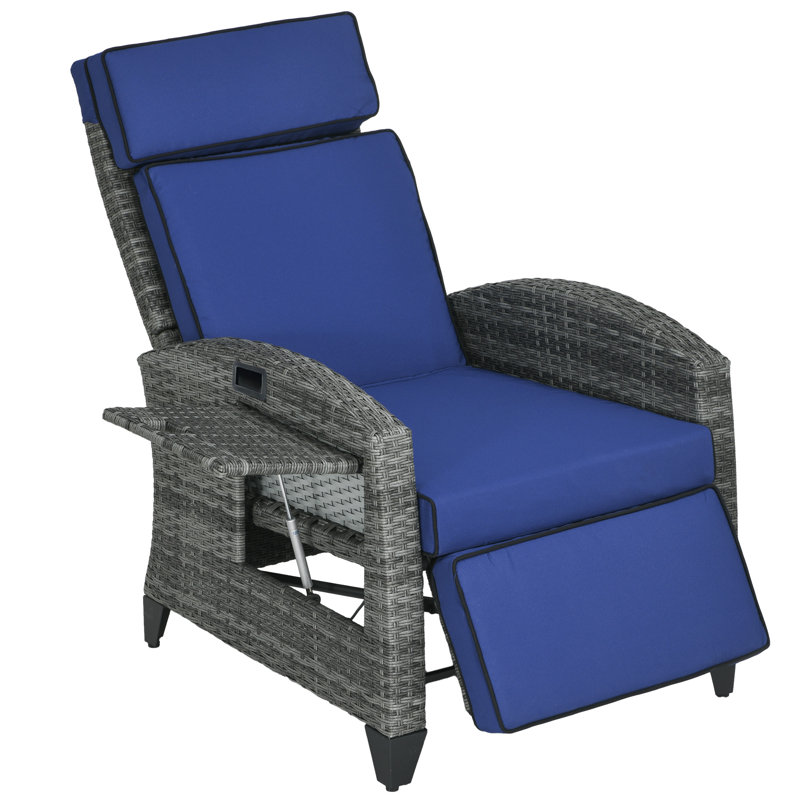 Outdoor Recliner Chair With Cushions, Reclining Patio Lounge Chair With Adjustable Footrest, Armrests, Tray Table, Gray, Gray