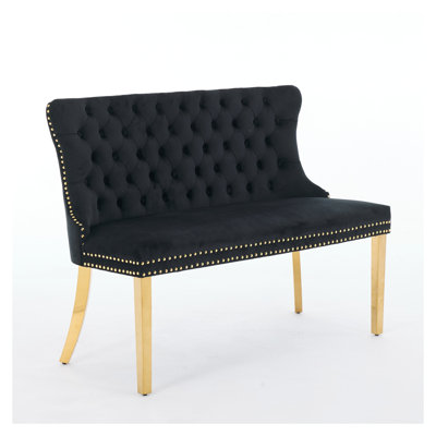 Banc de salle à manger Mid-Century moderne en velours capitonné - Causeuse 2 places à oreilles noires avec pieds en acier plaqué or pour la cuisine et les sièges de salle à manger