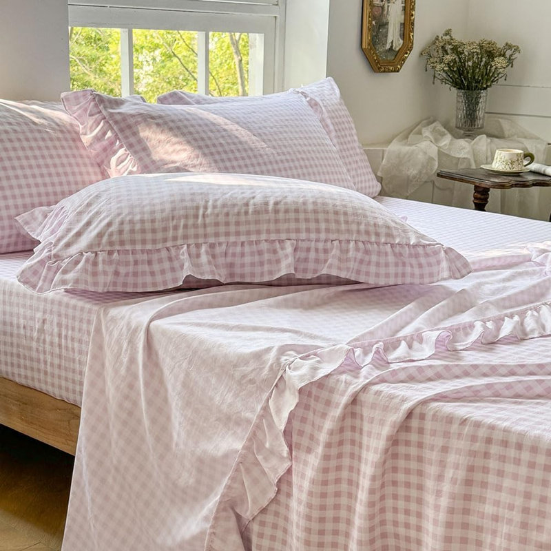 Ensemble de draps Gingham Ruffle, Vichy rose, Grand lit