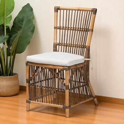 Verrah Dining Chair in White Fabric and Natural Brown Rattan, 35.39'' H X 17.9'' W X 22.83'' D