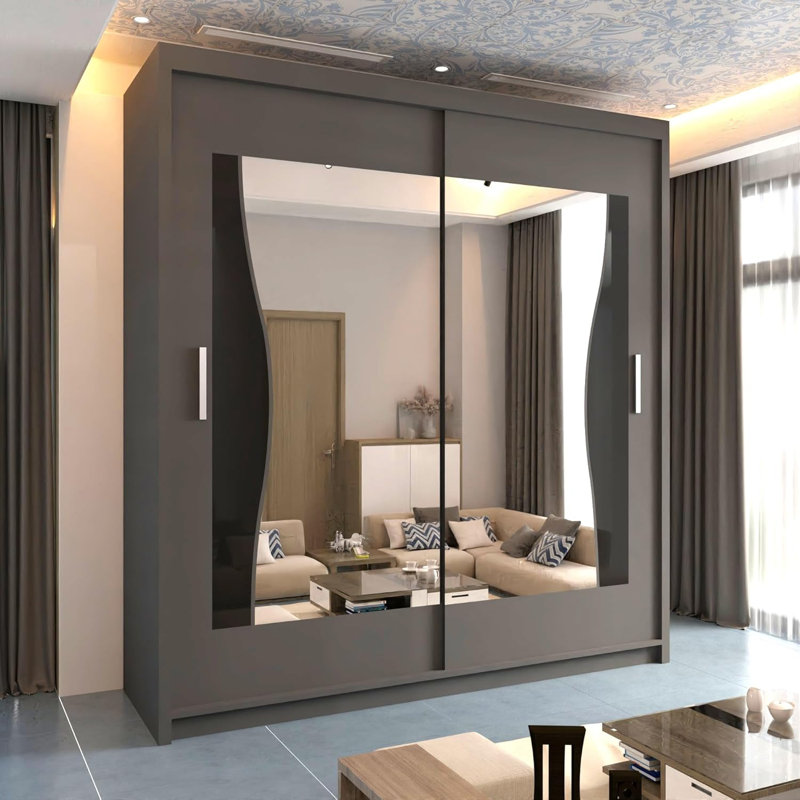 Modern Sliding Door Wardrobe with Mirrored Glass Finish – Multiple Sizes (120cm, 150cm, 180cm, 203cm), Grey
