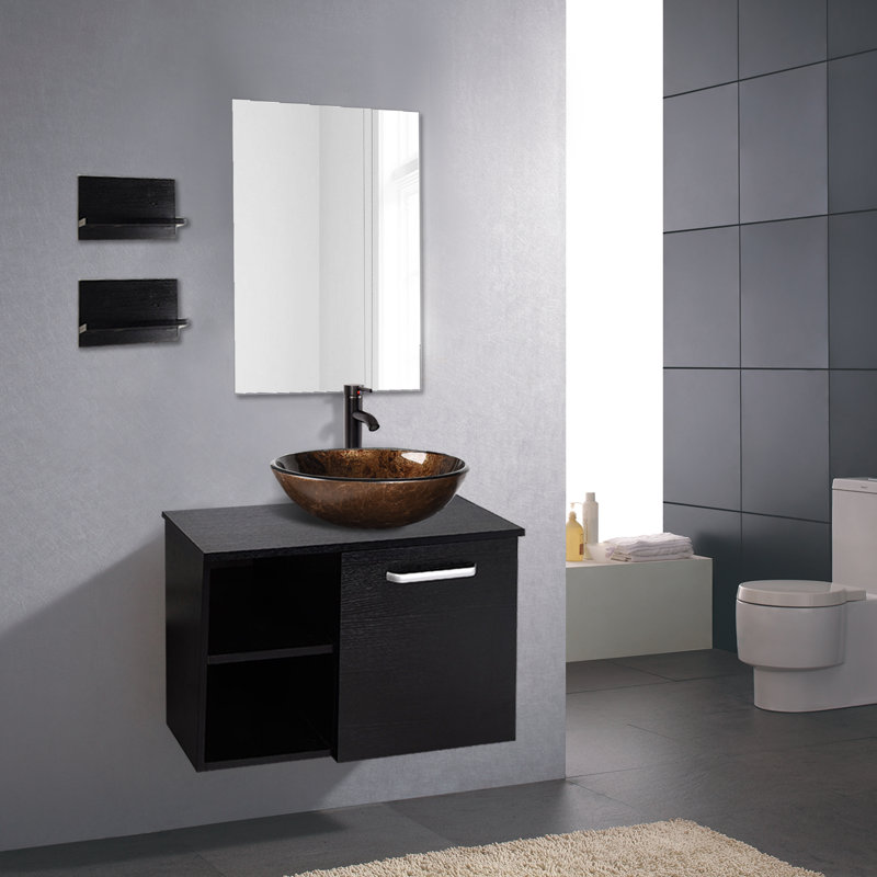 Clematic 28" Wall-Mounted Single Bathroom Vanity Set with Mirror, Dark Brown, Black
