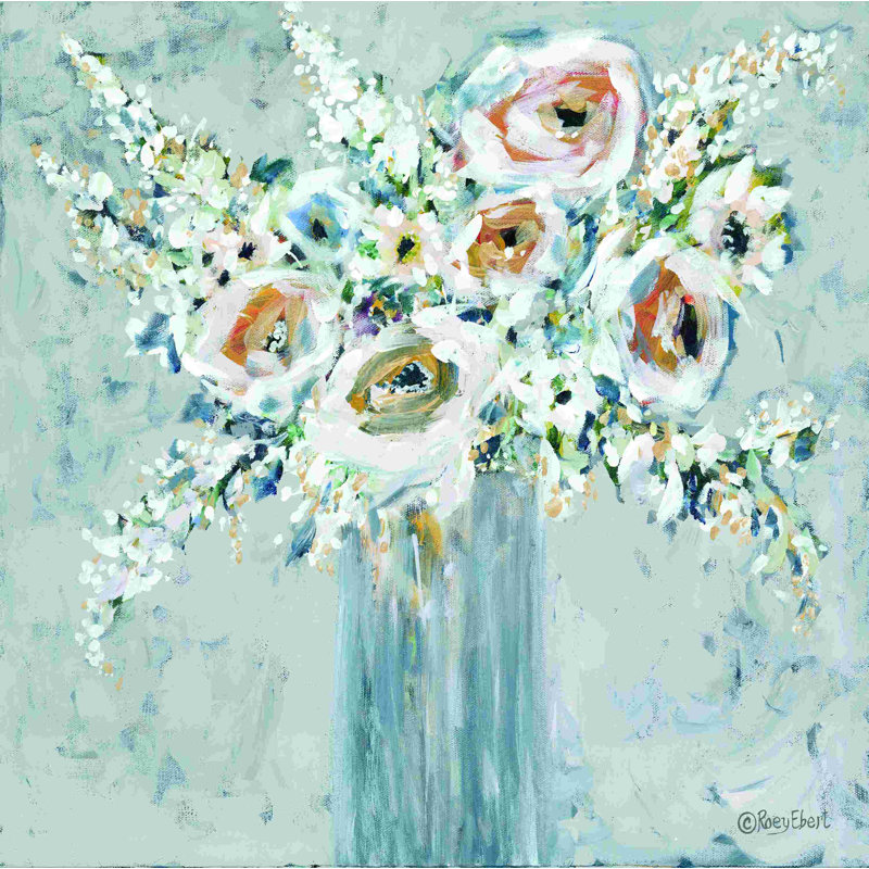 Fleurs dans un vase bleu, H 36 po x l 36 po, Non, Cadre doré simple