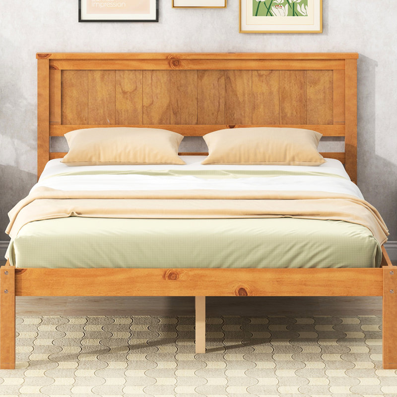 Structure de lit plateforme complète avec tête de lit en chêne - support de lattes en bois stable, pas besoin de sommier et de lattes de soutien, requis