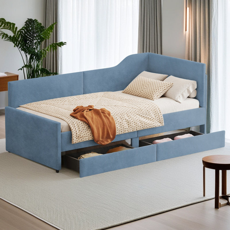 Lit de jour simple en L en velours côtelé, structure de lit tapissier avec 2 tiroirs de rangement, Bleu
