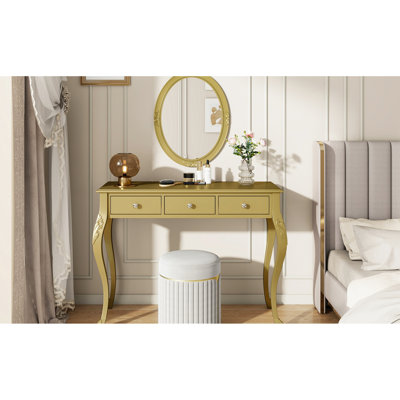 Stylish Gold Oval Mirror Vanity Desk With 3 Storage Drawers, Perfect For Jewelry Storage, Construction Drawers And Makeup, Luxury Console Living Room, Wood Legs