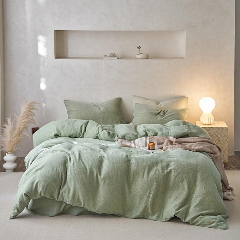 Housse de couette pour lit double 100% coton vert, Housse de couette grand et 2 taies d'oreiller stan